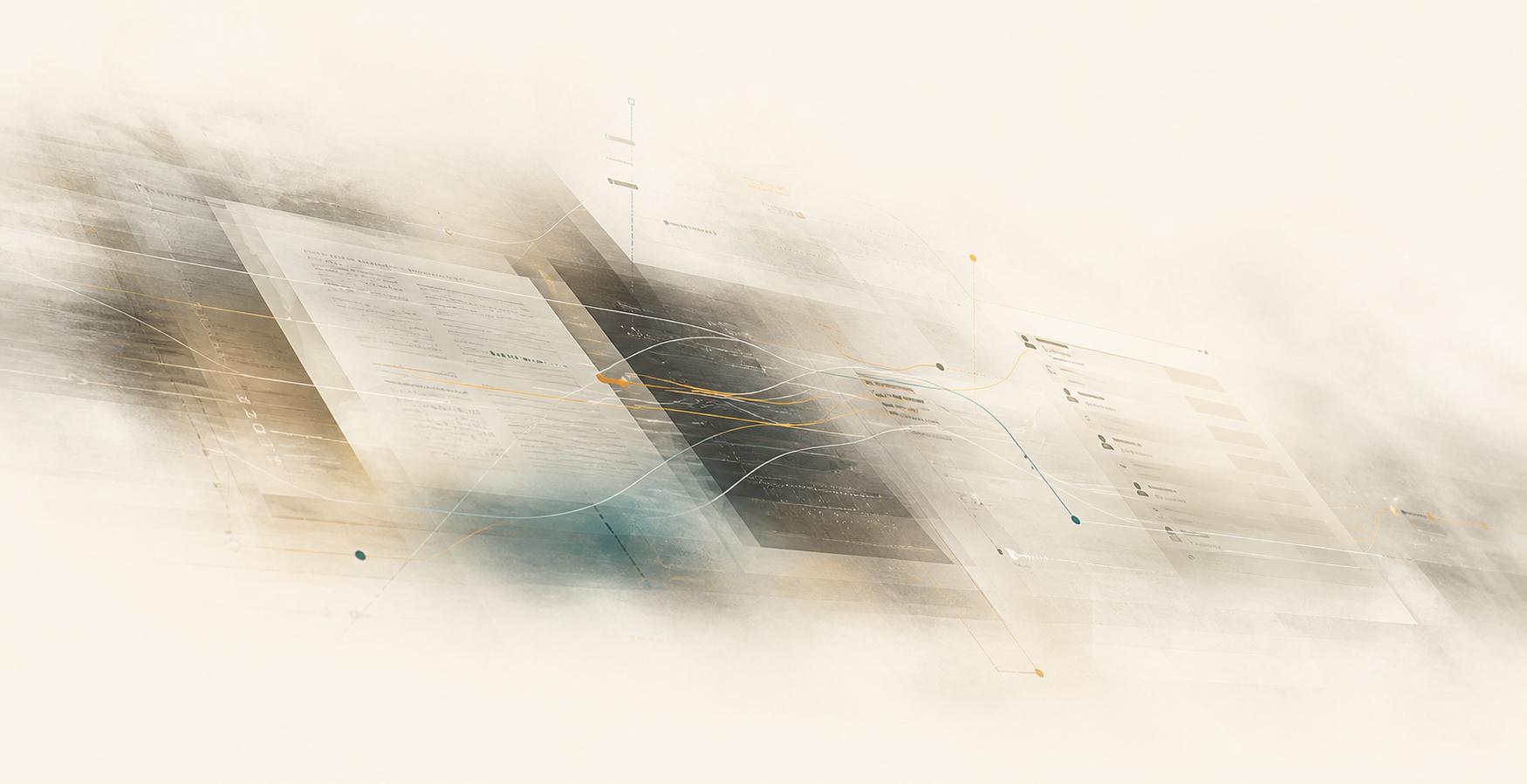 Abstract AI workflow with layered documents, interface panels, and signal paths